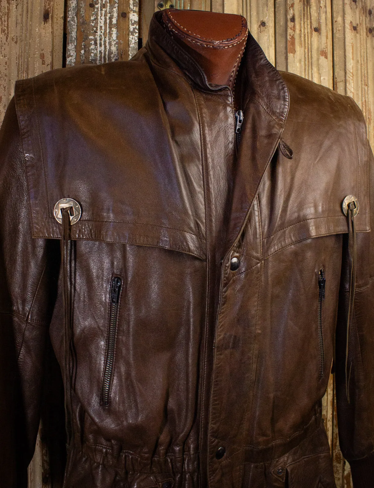 Vintage Brown Leather Jacket with Shoulder Flap 80s XL