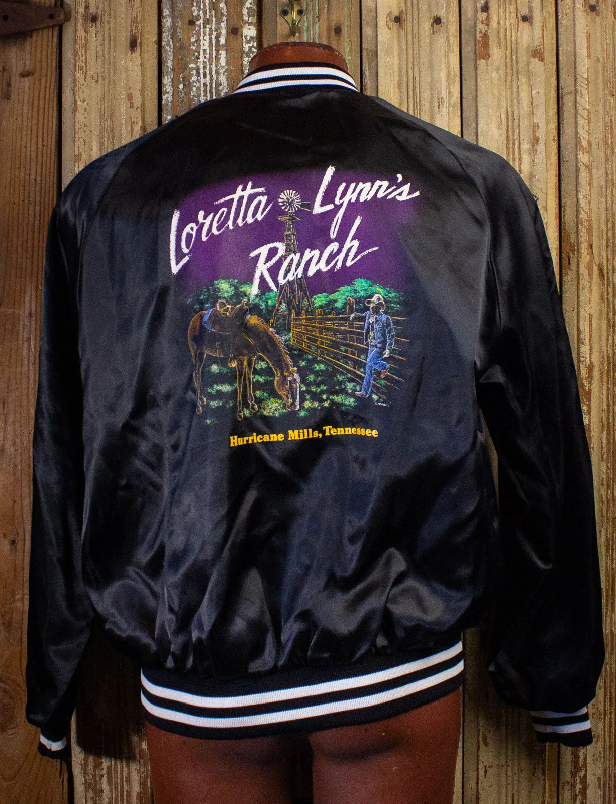 Vintage Loretta Lynn's Ranch Nylon Bomber Jacket 80s Black XL