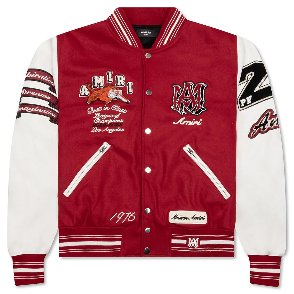 Vintage Patch Varsity Bomber Jacket - Red